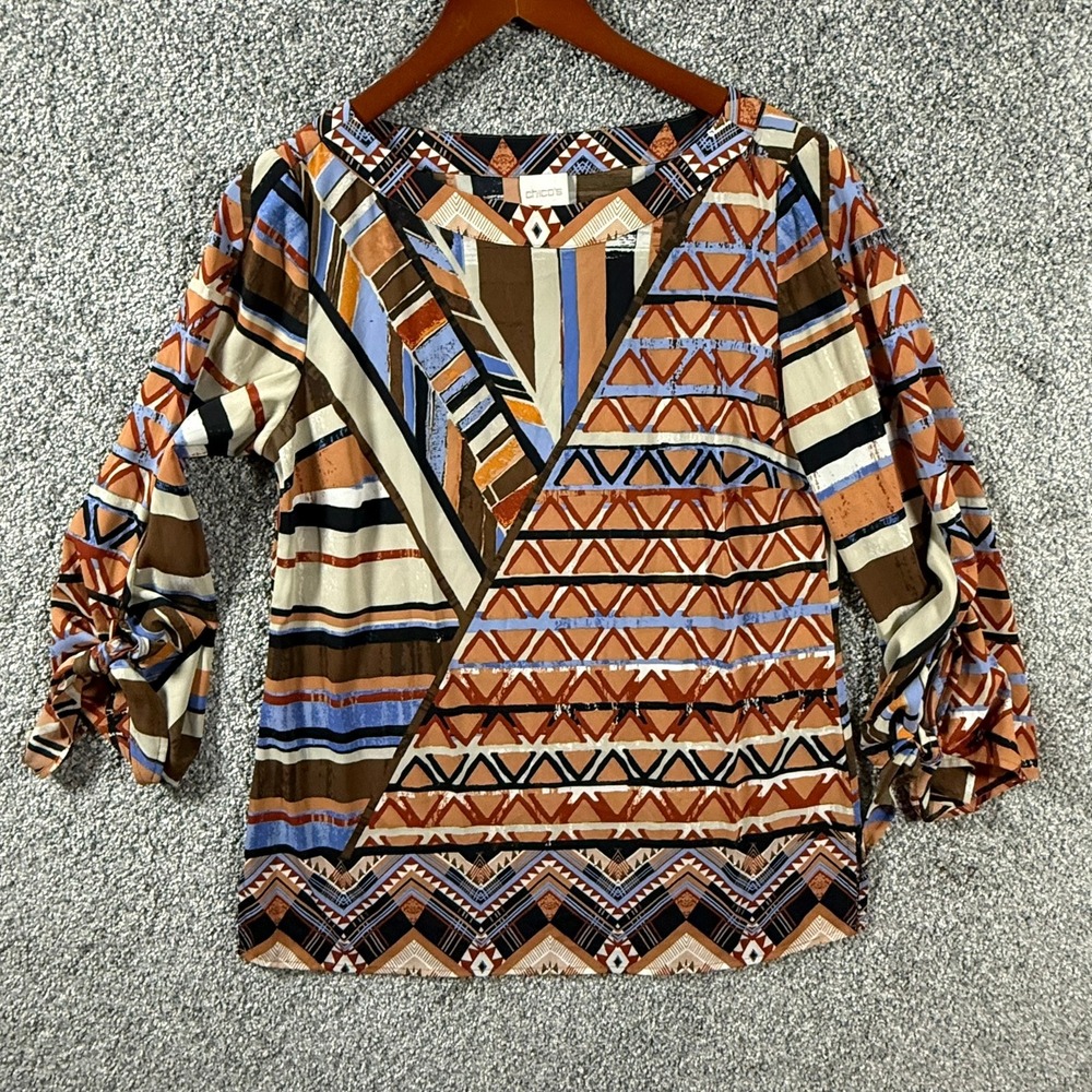 Chico's Size 0 Geometric Print Tie Sleeve Blouse Women's Brown Boho Stretch Top